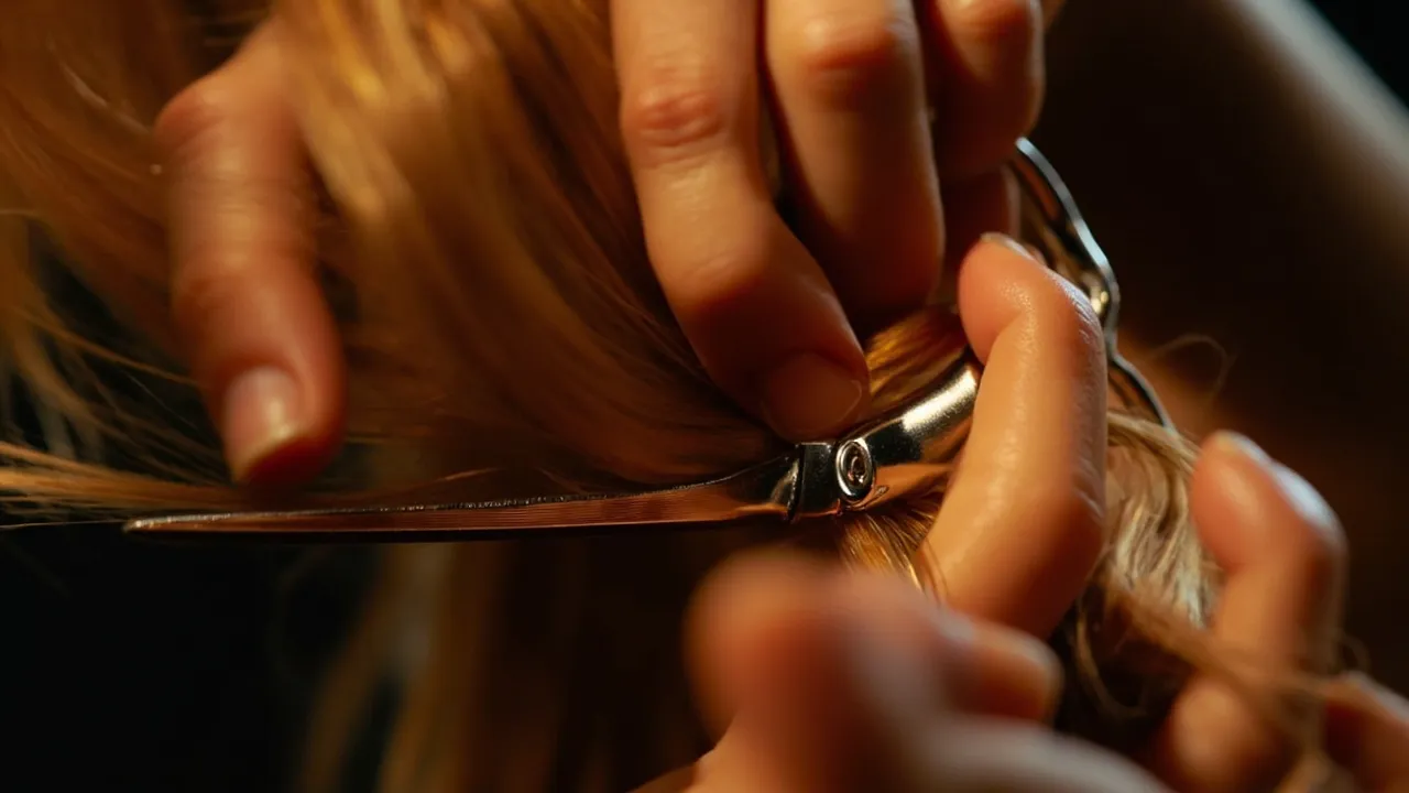 Stylist-Hände beim Schneiden und Stylen mit Schere, dynamische Bewegung
