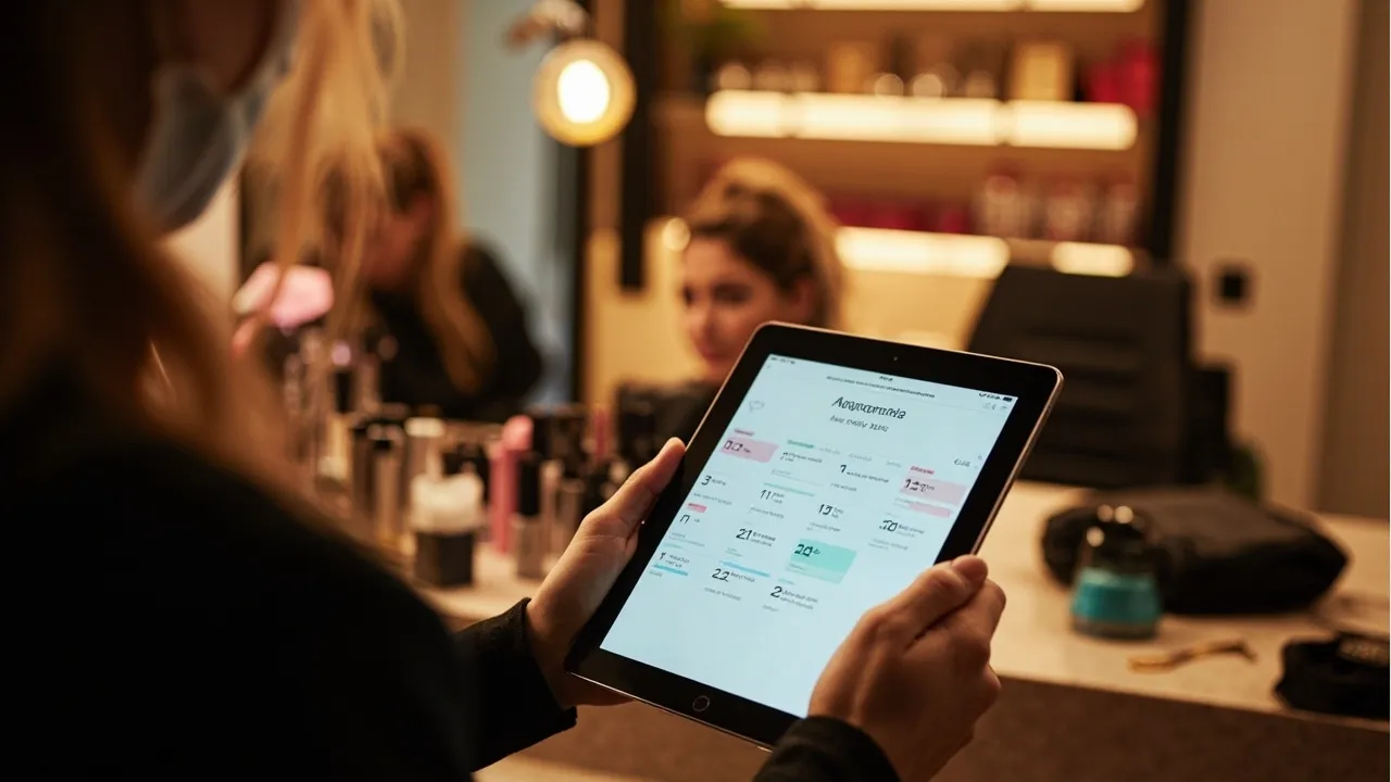 Symbolbild: ein Smartphone mit Buchungsoberfläche vor dem unscharfen Hintergrund eines modernen Friseursalons
