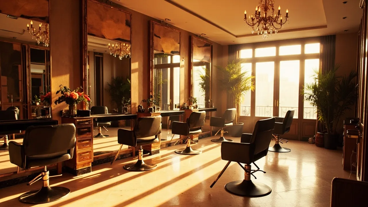 Stilvolles modernes Friseur-Studio mit Stühlen und großen Spiegeln